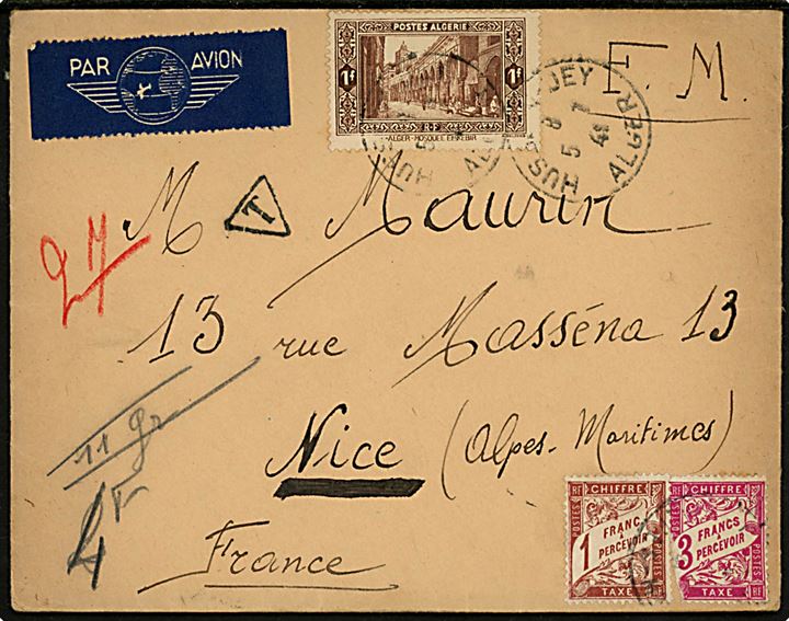 Algeriet 1 fr. på luftpost feltpostbrev mærket F.M. sendt underfrankeret fra Hussein-Dey Alger d. 5.7.1941 til Nice, Frankrig. Udtakseret i porto med 1 c. og 3 c. Portomærke stemplet i Nice.