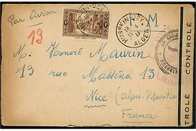 Algeriet 1 fr. på luftpost feltpostbrev mærket F.M. fra Hussein-Dey Alger d. 18.4.1941 via Marseille til Nice, Frankrig. Sort afd.stempel og åbnet af fransk censur.