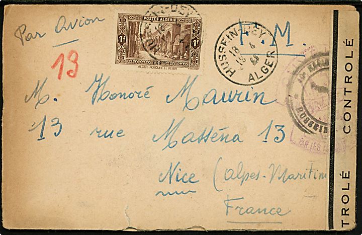 Algeriet 1 fr. på luftpost feltpostbrev mærket F.M. fra Hussein-Dey Alger d. 18.4.1941 via Marseille til Nice, Frankrig. Sort afd.stempel og åbnet af fransk censur.