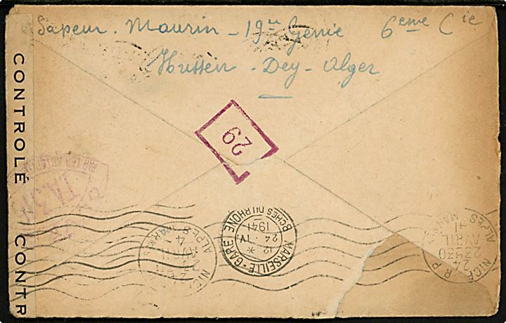 Algeriet 1 fr. på luftpost feltpostbrev mærket F.M. fra Hussein-Dey Alger d. 18.4.1941 via Marseille til Nice, Frankrig. Sort afd.stempel og åbnet af fransk censur.