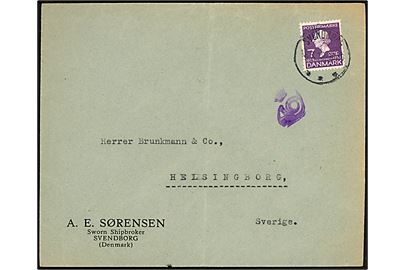 7 øre H. C. Andersen på tryksag fra Svendborg d. ?.3.1936 til Helsingborg, Sverige. Violet tryksagskontrol stempel. 