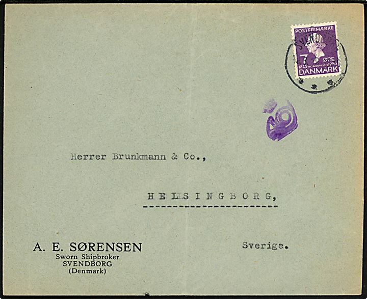 7 øre H. C. Andersen på tryksag fra Svendborg d. ?.3.1936 til Helsingborg, Sverige. Violet tryksagskontrol stempel. 