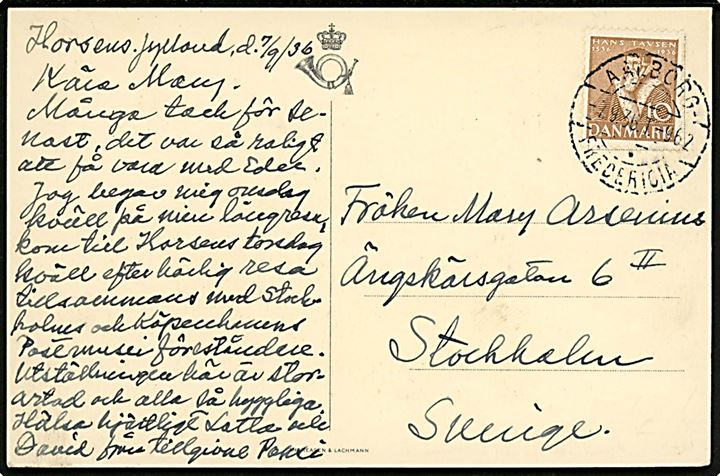 10 øre Tavsen på brevkort (Det rullende Postkontor) fra Horsens annulleret med bureaustempel Aalborg - / . / Fredericia T.962 d. 7.9.1936 til Stockholm, Sverige.