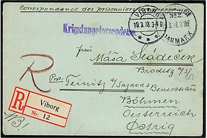 Ufrankeret anbefalet krigsfangebrev med brotype IIIb Krigsfangelejr No. 2 Danmark (= Lazaretlejren i Hald) sidestemplet Viborg d. 19.3.1918 til Böhmen, Østrig. 