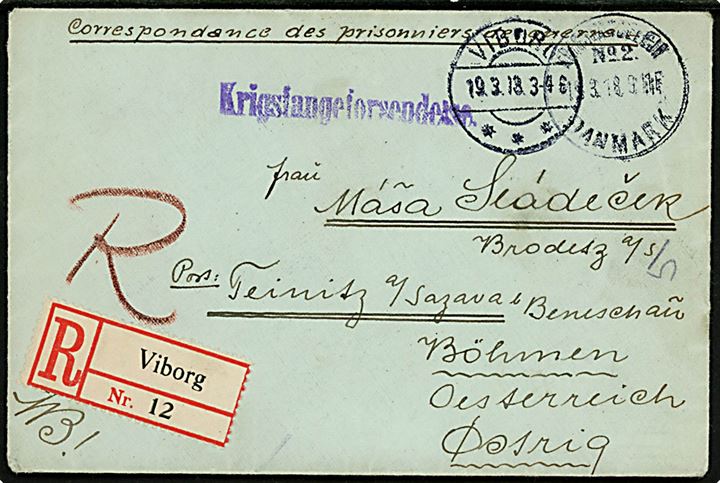 Ufrankeret anbefalet krigsfangebrev med brotype IIIb Krigsfangelejr No. 2 Danmark (= Lazaretlejren i Hald) sidestemplet Viborg d. 19.3.1918 til Böhmen, Østrig. 