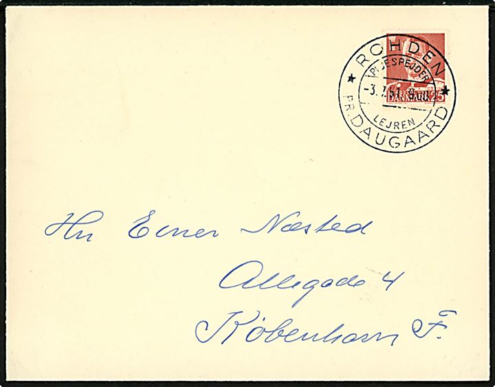 25 øre Fr. IX på brev annulleret med spejder særstempel Rohden pr. Daugaard / Pigespejder Lejren d. 3.7.1951 til København.