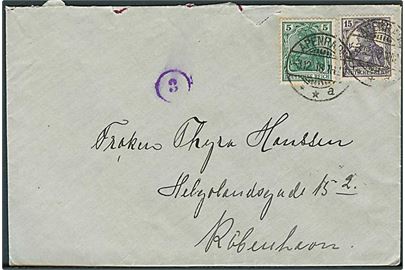 5 pfg. og 15 pfg. Germania på brev stemplet Apenrade **a d. 3.12.1918 til København, Danmark. Violet censurstempel 3 i cirkel.