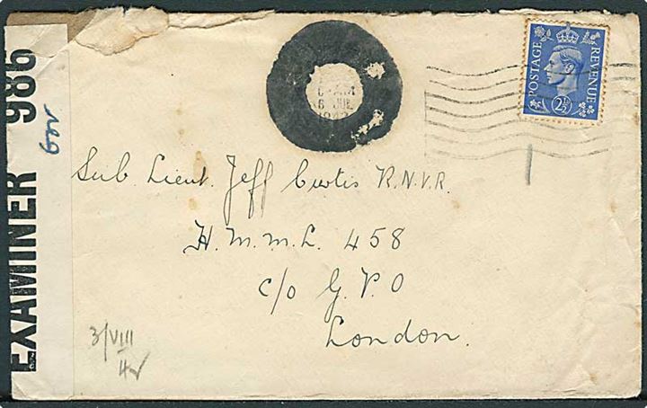 2½d George VI på brev med censureret stempel d. 6.7.1942 til Sub.Leiut. Curtis RNVR ombord på H.M.M.L. 458 c/o GPO London. Åbnet af britisk censur PC90/986