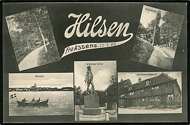 Assens, Ved Skovaaen, Kildebanken, Havnen, Willemoes Statue og Fødegaard. U/no. 