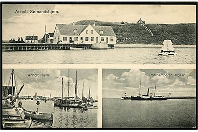 Anholt. Sømandshjemmet, Havnen og Postdamperen, som afgår. S. Baasch/J.J.N. no. 8384.