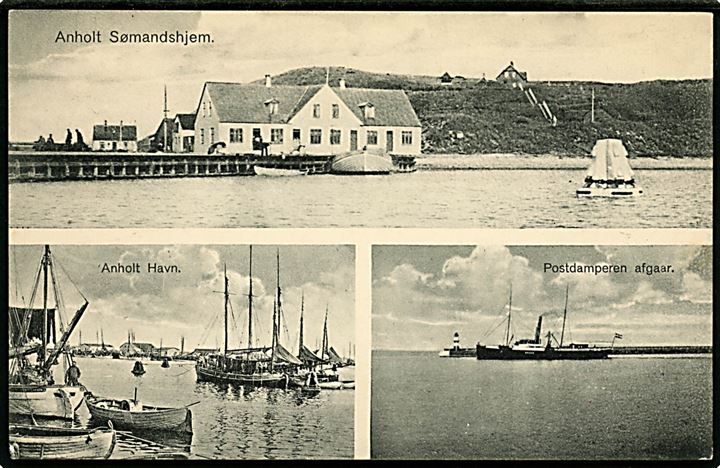 Anholt. Sømandshjemmet, Havnen og Postdamperen, som afgår. S. Baasch/J.J.N. no. 8384.