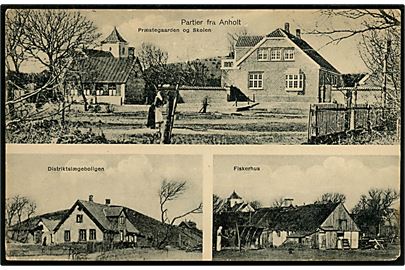 Anholt. Præstegaard, skole, distriktslægebolig og fiskerhus. S. Baasch/J.J.N. no. 8378.