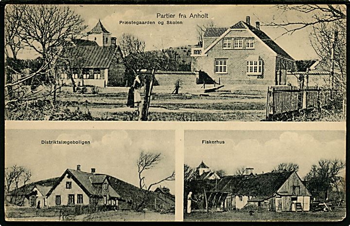 Anholt. Præstegaard, skole, distriktslægebolig og fiskerhus. S. Baasch/J.J.N. no. 8378.