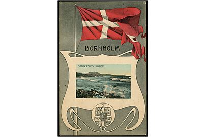 Bornholm. Dannebrogs kort med indsat motiv fra Hammershus Ruiner. No. 586.