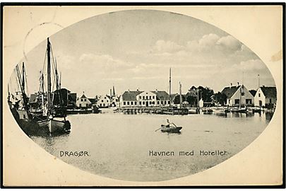 Dragør. Havnen med Hotellet. Chr. Schou no. 37449. Med 5 øre Chr. X annulleret brotype IIId Dragør d. 29.09.1916 til Nyboder. Ubekendt efter adressen og returneret. 