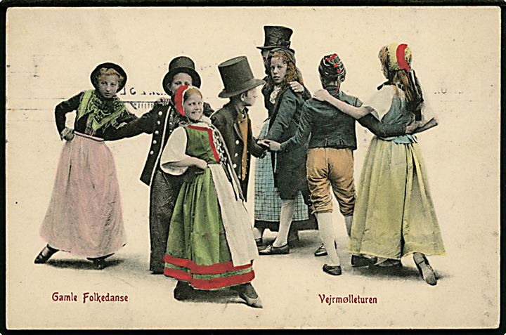 Gamle Folkedanse. Vejrmølleturen. A. Vincent no. 6. Sendt lokalt med 3 øre Bølgelinie og Julemærke 1907 i København d. 31.12.1907.