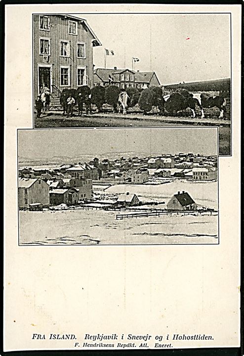 Fra Island. Reykjavik i snevejr og i Høsttiden. F. Hendriksen u/no. Dansk Koloniudstilling i Tivoli 1905. 