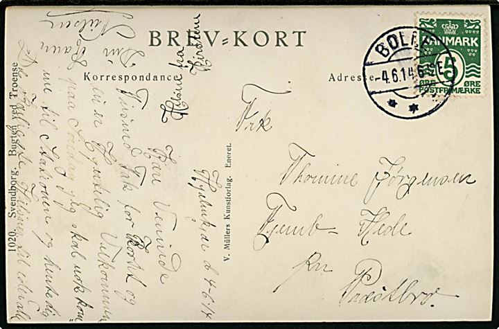 5 øre Bølgelinie på brevkort dateret Hjelmkær og annulleret med sjældent brotype IIa stempel Bolle d. 4.6.1914 til Præstbro. Stempel benyttet ved jernbanebrevsamlingssted Bolle i fra 1.7.1913 indtil navneændring til Rørholt pr. 1.1.1915.