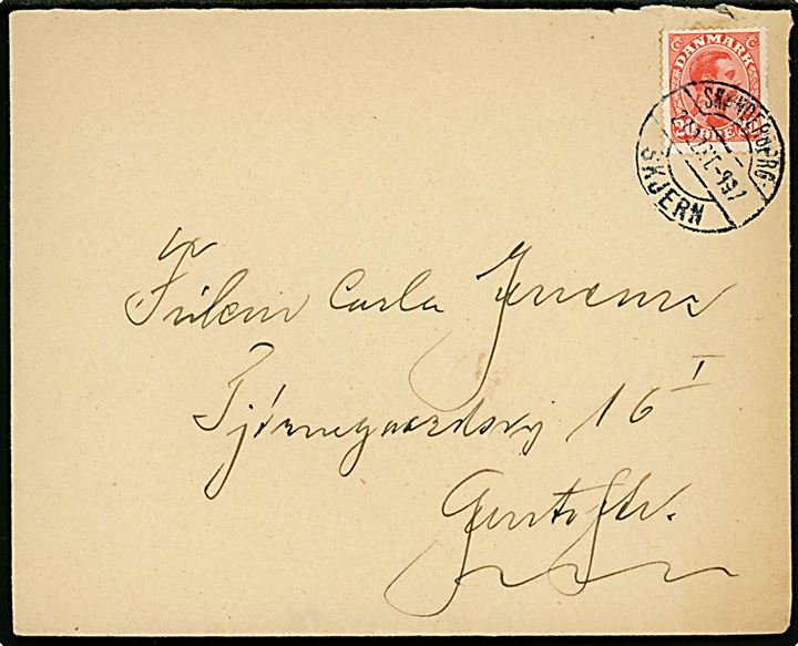 20 øre Chr. X på brev fra Herning annulleret med bureaustempel Skanderborg - Skjern T.997 (?) d. 27.10.1926 til Gentofte.