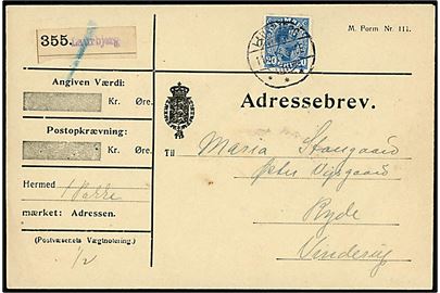 20 øre Chr. X single på adressebrev for pakke fra Laurbjerg d. 11.8.1916 til Ryde pr. Vinderup. Påsat blanco pakke-reg. etiket med stempel Laurbjerg.