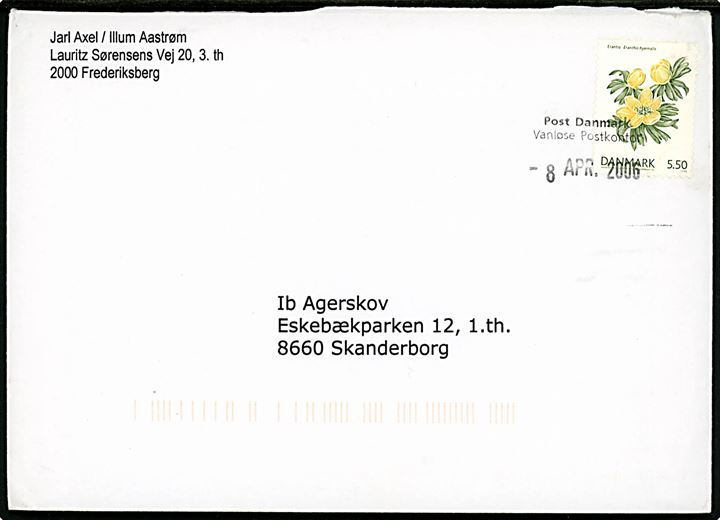 5,50 kr. Erantis på brev annulleret med trodat-stempel Post Danmark Vanløse Postkontor d. 8.4.2006 til Skanderborg.