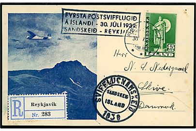 45 aur Verdensudstilling single på anbefalet illustreret 1.-svæveflyvningsbrevkort Sandskeid-Reykjavik annulleret Reykjavik d. 30.7.1939 til Skive, Danmark. Ank.stemplet i Skive d. 7.8.1939. 