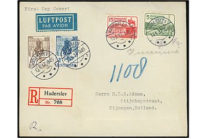 Komplet sæt Regentjubilæum på anbefalet luftpost uofficiel FDC fra Haderslev d. 15.5.1937 til Nijmegen, Holland. 