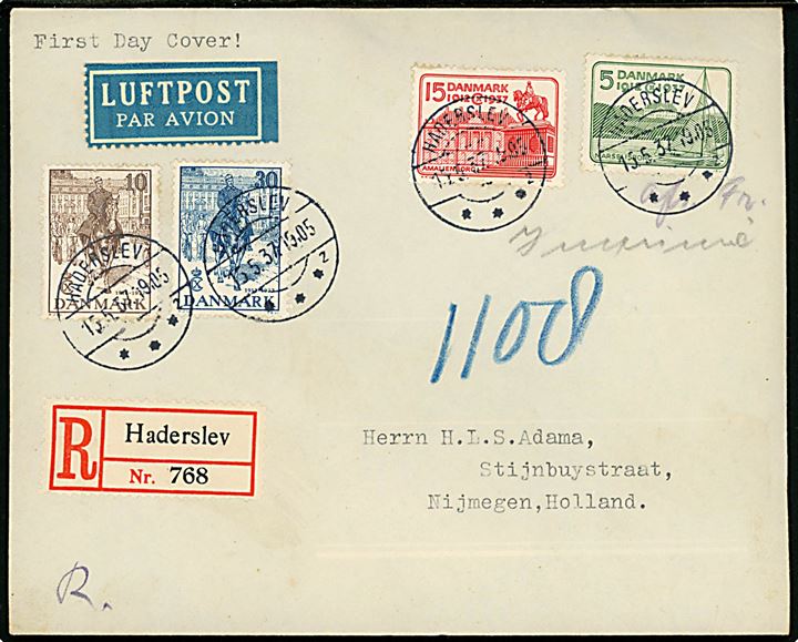 Komplet sæt Regentjubilæum på anbefalet luftpost uofficiel FDC fra Haderslev d. 15.5.1937 til Nijmegen, Holland. 