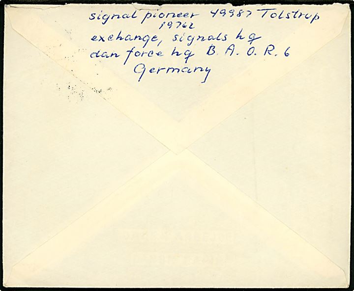 25 øre Fr. IX på brev stemplet Det danske Kommando / * i Tyskland * d. 25.9.1950 til Aarhus, Danmark. Sendt fra dansk soldat ved signaltropperne ved Signal Hq, Danish Force Hq, BAOR 6 Tyskland. 