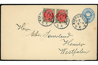 4 øre helsagskuvert opfrankeret med 8 øre Tofarvet omv. rm. i parstykke annulleret lapidar Kiøbenhavn K. C K d. 6.4.1898 til Hemer, Tyskland.