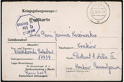 Ufrankeret fortrykt spørgedel af krigsfangebrevkort fra polsk krigsfange i Stalag IIA (= Neubrandenburg) med stumt stempel d. 25.3.1944 til Krakow, Generalgouvernement. På bagsiden håndtegnet påskekort med kylling bag pigtråd.