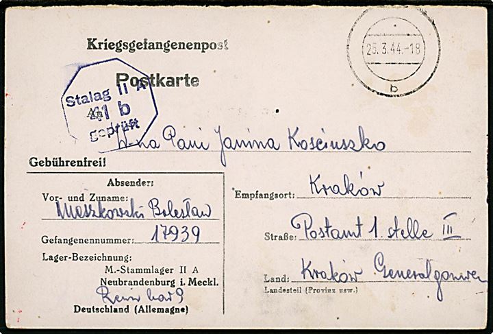 Ufrankeret fortrykt spørgedel af krigsfangebrevkort fra polsk krigsfange i Stalag IIA (= Neubrandenburg) med stumt stempel d. 25.3.1944 til Krakow, Generalgouvernement. På bagsiden håndtegnet påskekort med kylling bag pigtråd.