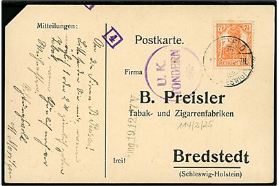 7½ pfg. Germania på brevkort stemplet Freifeld (Schleswig) d. 17.12.1917 til Bredstedt. Violet censurstempel U. K. Tondern og lille nr.stempel 4. i kasse.