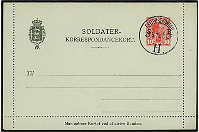 10 øre Chr. X helsags Soldater-Korrespondancekort med fuld rand annulleret med brotype IIIb Feltpostkontor H. d. 20.5.1915. Uadresseret.