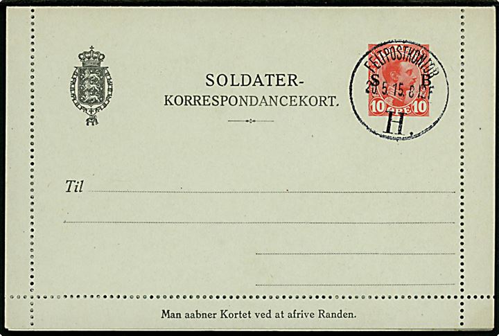 10 øre Chr. X helsags Soldater-Korrespondancekort med fuld rand annulleret med brotype IIIb Feltpostkontor H. d. 20.5.1915. Uadresseret.