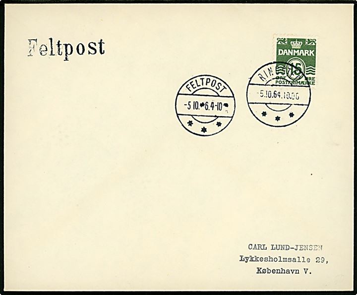 15 øre Bølgelinie på filatelistisk tryksag sendt som manøvrefeltpost annulleret Ringsted d. 5.10.1964 og sidestemplet brotype IIc Feltpost d. 5.10.1964 og liniestempel Feltpost til København. 