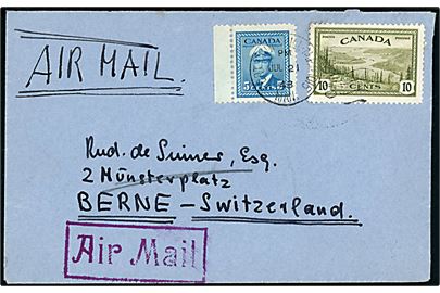 5 cents George VI og 10 cents Landskab på luftpost brev annulleret med militærstempel Fort Churchill M.P.O. 1015 Man. d. 21.7.1948 til Bern, Schweiz. Sendt fra Dr. F. de Sinner på Queen's University Expedition, Coral Harbour, Southampton Island, N.W.T. Interessant brugsbrev fra lille 5-mands polar ekspedition i perioden 30.6.-20.9.1948. 