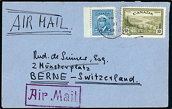 5 cents George VI og 10 cents Landskab på luftpost brev annulleret med militærstempel Fort Churchill M.P.O. 1015 Man. d. 21.7.1948 til Bern, Schweiz. Sendt fra Dr. F. de Sinner på Queen's University Expedition, Coral Harbour, Southampton Island, N.W.T. Interessant brugsbrev fra lille 5-mands polar ekspedition i perioden 30.6.-20.9.1948. 