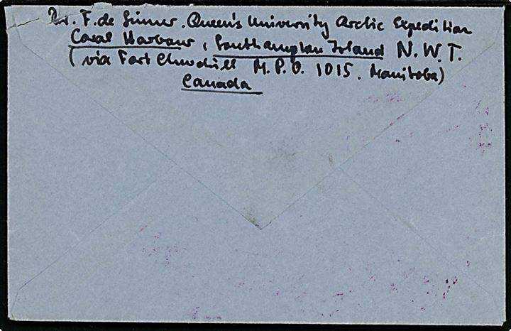 5 cents George VI og 10 cents Landskab på luftpost brev annulleret med militærstempel Fort Churchill M.P.O. 1015 Man. d. 21.7.1948 til Bern, Schweiz. Sendt fra Dr. F. de Sinner på Queen's University Expedition, Coral Harbour, Southampton Island, N.W.T. Interessant brugsbrev fra lille 5-mands polar ekspedition i perioden 30.6.-20.9.1948. 