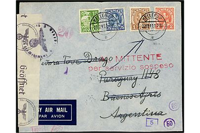 15 øre Karavel, 75 øre, 1 kr. og 2 kr. Chr. X på 390 øre frankeret luftpostbrev fra Hellerup d. 22.12.1941 til Buenos Aires, Argentina. Åbnet af tysk censur i Frankfurt og italiensk censur og returneret med rødt stempel AL MITTENTE per servizio sospeso (Retur til afsenderen / postforbindelse indstillet). 