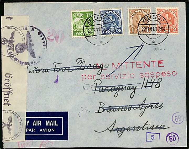 15 øre Karavel, 75 øre, 1 kr. og 2 kr. Chr. X på 390 øre frankeret luftpostbrev fra Hellerup d. 22.12.1941 til Buenos Aires, Argentina. Åbnet af tysk censur i Frankfurt og italiensk censur og returneret med rødt stempel AL MITTENTE per servizio sospeso (Retur til afsenderen / postforbindelse indstillet). 