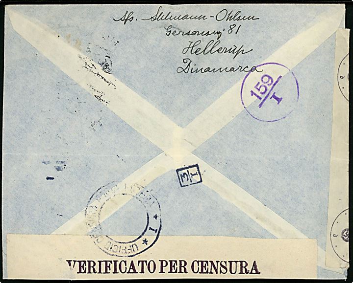 15 øre Karavel, 75 øre, 1 kr. og 2 kr. Chr. X på 390 øre frankeret luftpostbrev fra Hellerup d. 22.12.1941 til Buenos Aires, Argentina. Åbnet af tysk censur i Frankfurt og italiensk censur og returneret med rødt stempel AL MITTENTE per servizio sospeso (Retur til afsenderen / postforbindelse indstillet). 