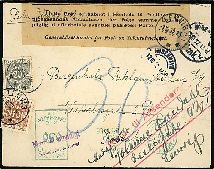 Ufrankeret brev fra Lemvig d. 7.10.1932 til København. Udtakseret i porto med 30 øre grønt porto-maskinstempel. Retur via returpostkontoret som modtagelse nægtet og igen udtakseret i porto med 10 øre og 20 øre Portomærker stemplet Lemvig d. 16.10.1932.