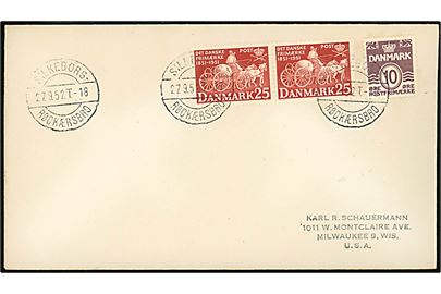 10 øre Bølgelinie og 25 øre Frimærkejubilæum i parstykke på brev annulleret ned bureaustempel Silkeborg - Rødkærsbro T.18 d. 27.9.1952 til Milwaukee, USA.