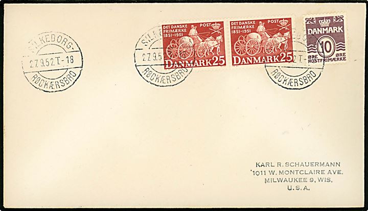 10 øre Bølgelinie og 25 øre Frimærkejubilæum i parstykke på brev annulleret ned bureaustempel Silkeborg - Rødkærsbro T.18 d. 27.9.1952 til Milwaukee, USA.