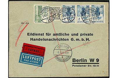 5 øre, 30 øre (3) Regentjubilæum og 50 øre Chr. X på 145 øre frankeret luftpost ekspresbrev fra København d. 3.9.1937 til Berlin, Tyskland. Transit stemplet Berlin Zentralflughafen d. 3.9.1937 med spor efter befordring med rørpost til Berlin W9. Nusset.