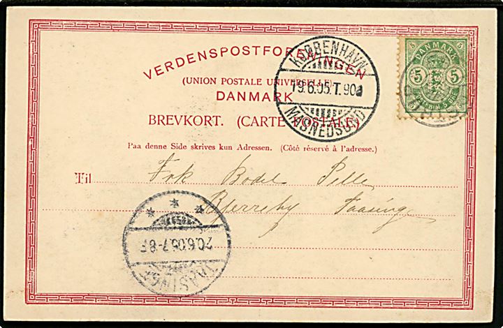 5 øre Våben på brevkort annulleret med stjernestempel ESKILDSTRUP og sidestemplet bureau Kjøbenhavn - Masnedsund T.90 d. 19.6.1905 til Bjerreby på Taasinge.