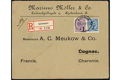 15 øre og 20 øre Chr. X med perfin MM på fortrykt kuvert fra firma Marinus Möller & Co. sendt anbefalet fra Kjøbenhavn d. 11.8.1916 via Paris til Cognac, Frankrig. Uden censur.