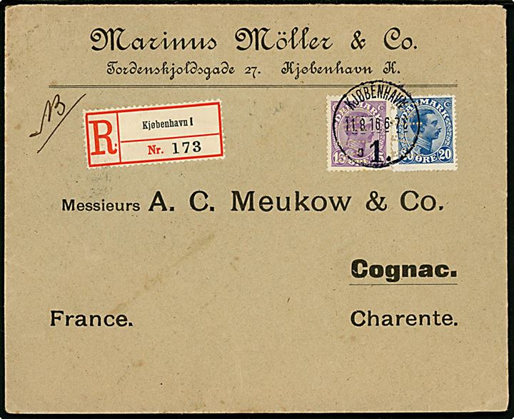 15 øre og 20 øre Chr. X med perfin MM på fortrykt kuvert fra firma Marinus Möller & Co. sendt anbefalet fra Kjøbenhavn d. 11.8.1916 via Paris til Cognac, Frankrig. Uden censur.