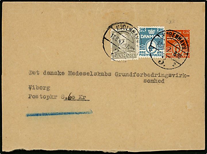 6 øre helsagskorsbånd opfrankeret med 4 øre Bølgelinie og 50 øre Chr. X sendt med postopkrævning fra København d. 13.8.1947 til Viborg.